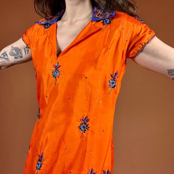 Bright Orange and Blue Short Sleeve Beaded Bedazzled Collared Tunic Dress - Picture 4 of 6